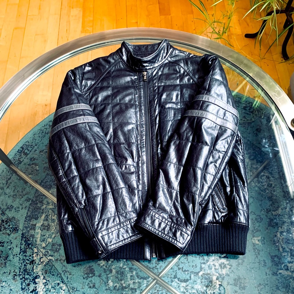 ✨ Emporio Armani✨ Black & Gray Classic Collection Quilted Leather Bomber…